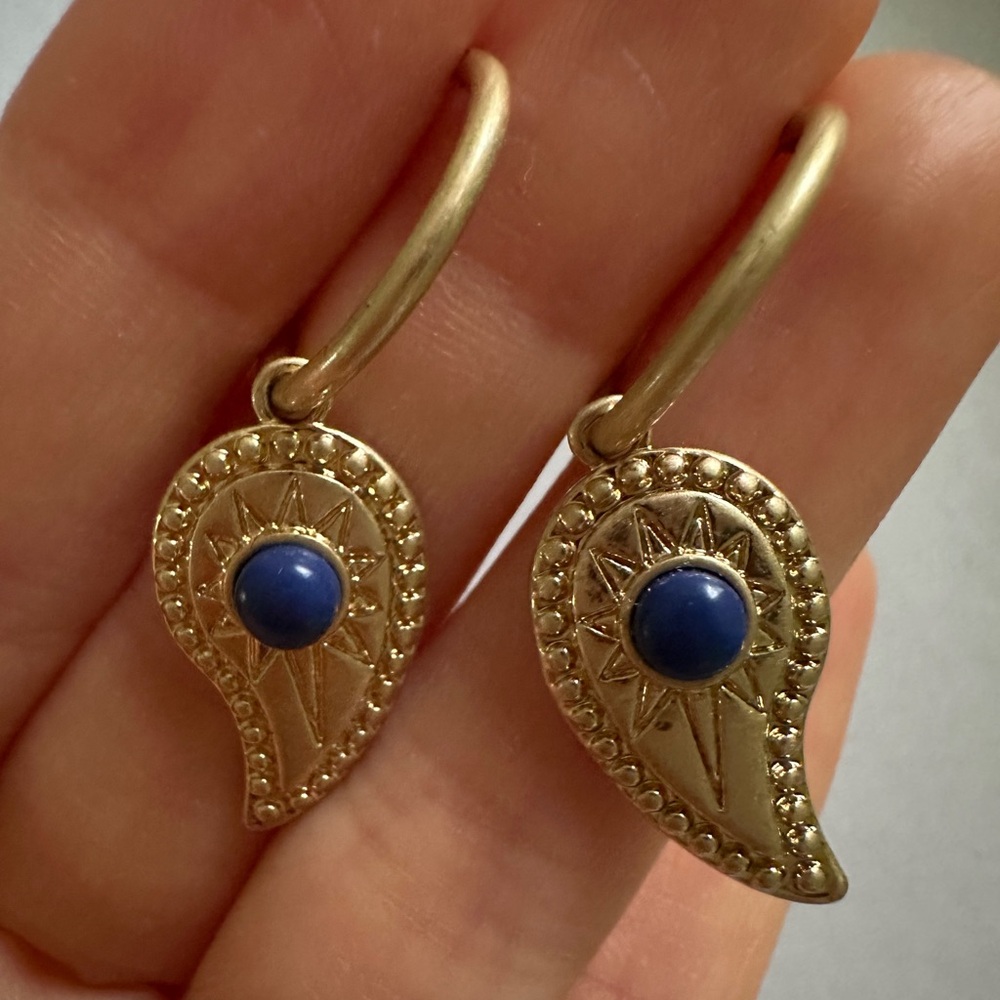 Rebecca Minkoff Gold Tone Blue Stone Tear Drop Hoop Earrings